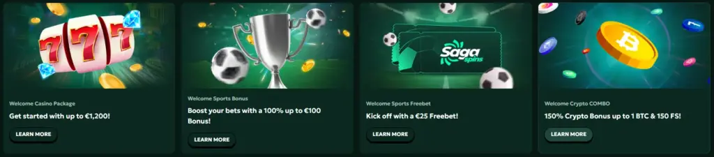 The promotions page showcasing the available welcome bonuses.
