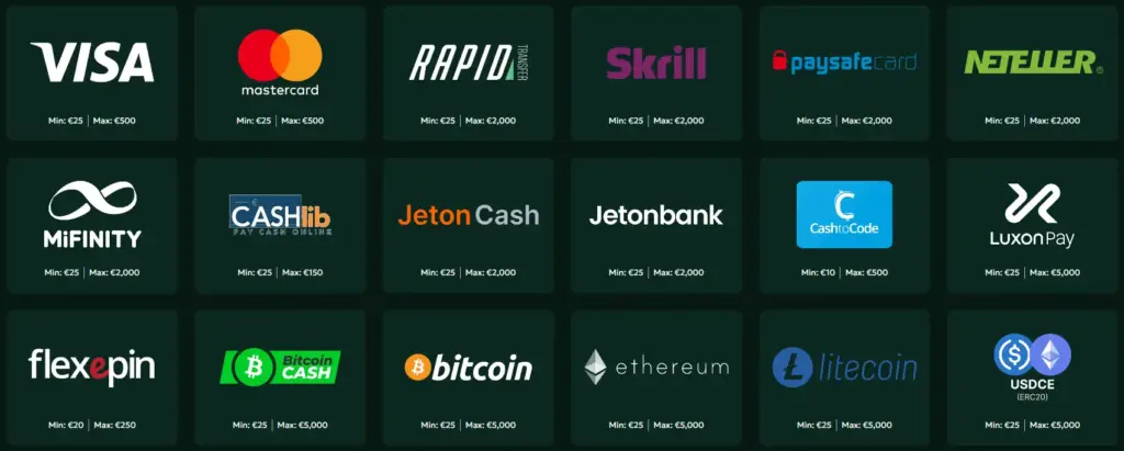 The list of some of the available payment options for EUR.