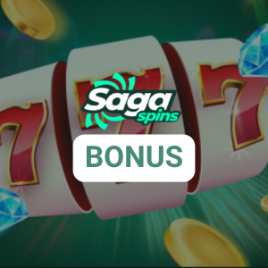 Reels of a classic slot machine with coins and diamonds behind the SagaSpins logo.