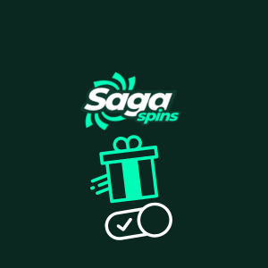 A gift box icon with a tick under the SagaSpins logo.