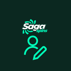 A profile icon with a pen under the SagaSpins logo.