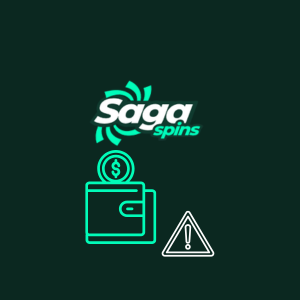 A wallet and an attention symbol under the SagaSpins Casino logo.