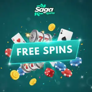 The SagaSpins Casino logo is displayed above a slot machine reel surrounded by cards, dice, chips, and coins, highlighting an exciting free spins offer.