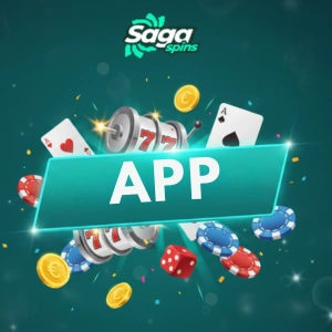 Graphic featuring the SagaSpins logo with a variety of casino elements like cards, chips, and dice, and the word 'APP' prominently displayed in a green box.