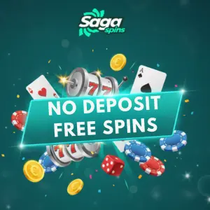 The SagaSpins Casino logo appears above a slot machine reel surrounded by cards, chips, dice, and coins, promoting an exciting no deposit free spins offer.