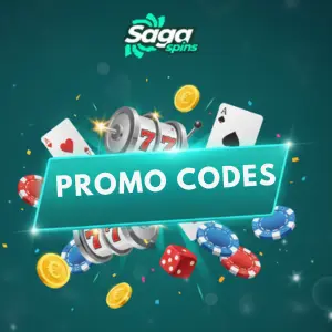 The SagaSpins Casino logo is displayed above a slot machine reel surrounded by cards, chips, dice, and coins, highlighting the latest promo codes available for players.