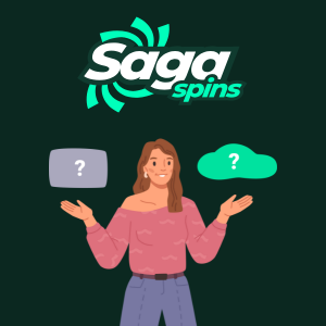 Illustration of a woman with two question marks, one in a grey box and the other in a green cloud, with the SagaSpins logo above her.